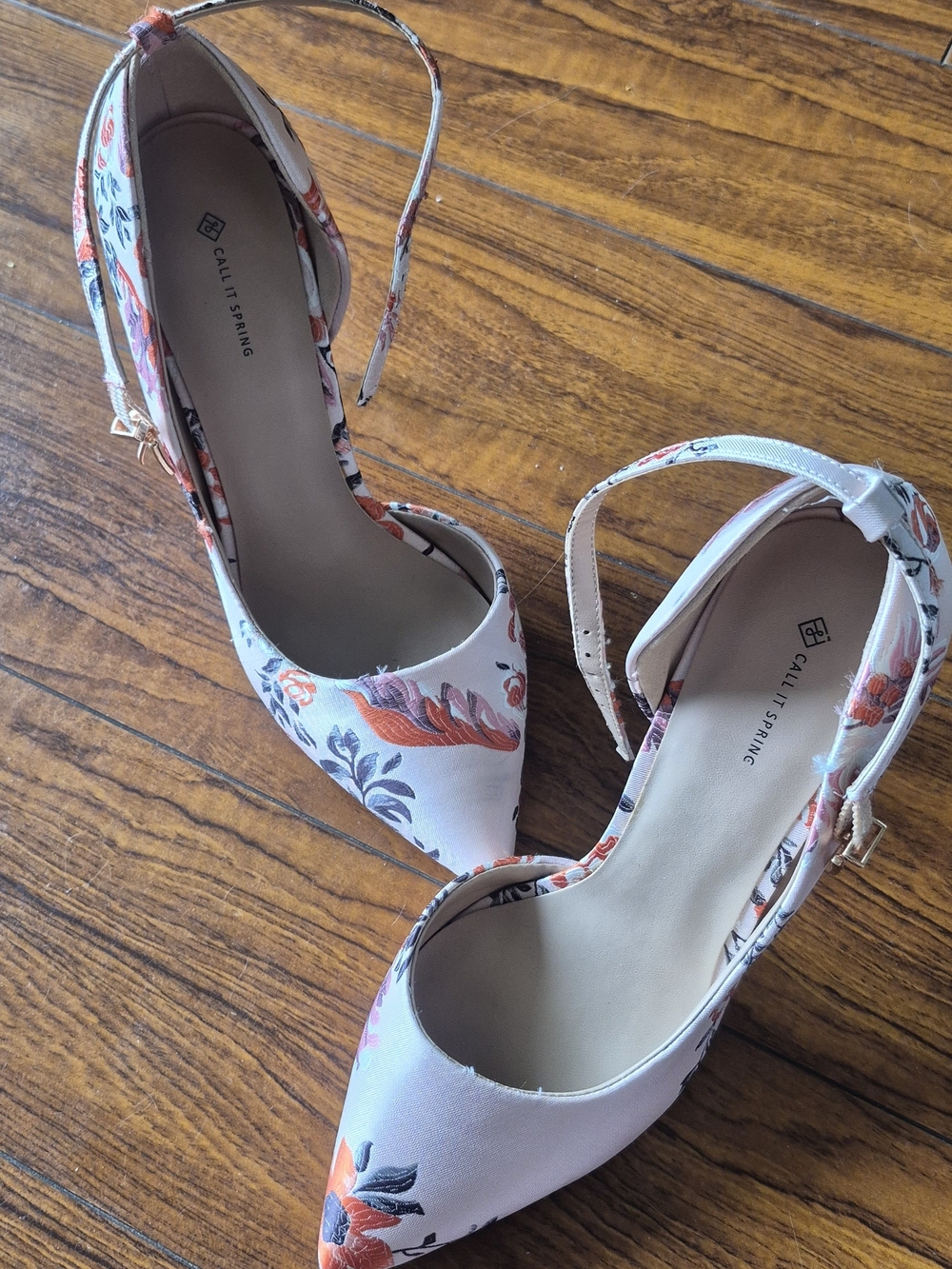 Call It Spring Floral Pointed Ankle-Strap Pumps in Cream and Orange - Picture 6 of 6